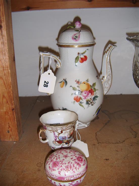 Herend coffee pot, a Meissen box and cover and a chocolate cup